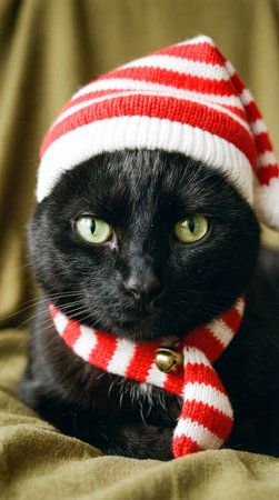 A close-up portrait of a black cat with bright green eyes, adorned in a red and white striped Santa hat and matching scarf.の素材