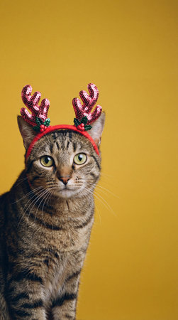 A close-up studio portrait of a tabby cat with green eyes wearing festive red reindeer antlers against a plain yellow background.の素材