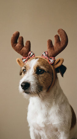 A charming Jack Russell Terrier dog poses for a festive holiday portrait, wearing a cute pair of reindeer antlers and a festive bow tie.の素材