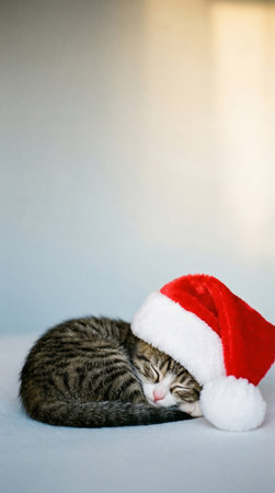 A cute tabby kitten is curled up and sleeping soundly, adorned with a red and white Santa hat, evoking a cozy and festive Christmas spirit.の素材