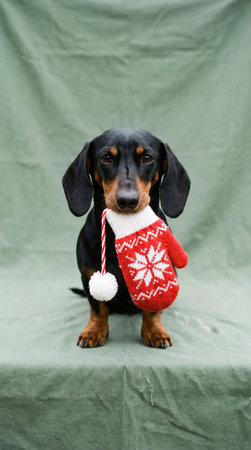 A black and tan dachshund dog sits patiently, wearing a red and white snowflake patterned Christmas mitten around its neck.の素材