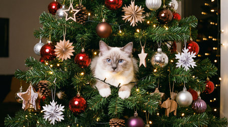 A fluffy Ragdoll cat is nestled amongst the branches of a festive Christmas tree, surrounded by ornaments and twinkling lights.の素材