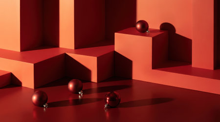 Minimalist composition of red geometric forms and spheres, creating a striking visual with deep shadows.の素材