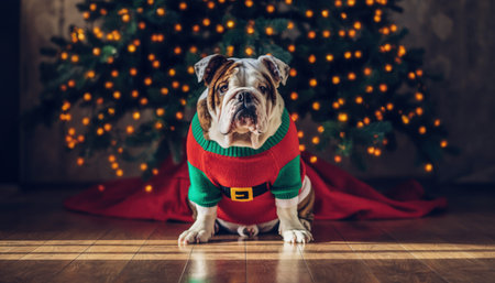 A charming English Bulldog dressed in a red and green Christmas sweater sits in front of a twinkling Christmas tree, embodying holiday spirit.の素材