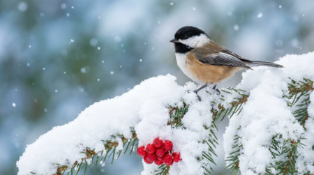 A small Black Capped Chickadee sits on a snow laden pine branch, with red berries visible. Snowflakes fall gently around it.の素材