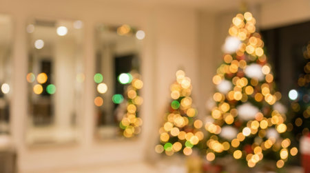 Soft focus image of decorated Christmas trees with warm bokeh lights, creating a festive and cozy atmosphere indoors.の素材