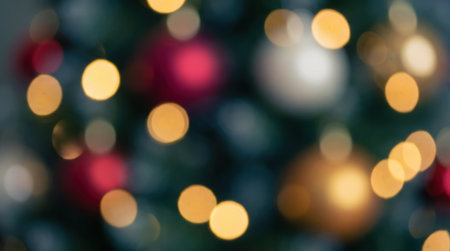 A soft focus background of glowing bokeh lights and blurred Christmas ornaments in red and gold.の素材