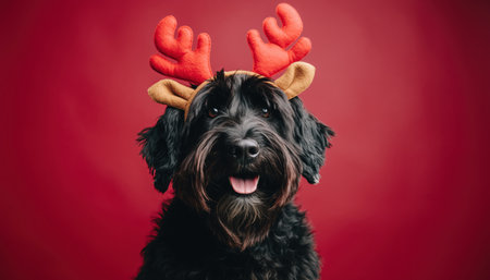 A happy black dog with a fluffy coat and beard wears festive reindeer antlers against a vibrant red background.の素材
