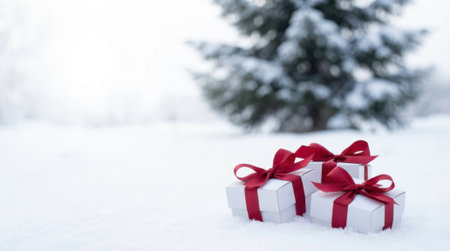 Three white gift boxes with red ribbons sit on a snow-covered ground, with a large snow-dusted pine tree in the background.の素材