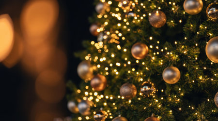 A close-up of a festive Christmas tree adorned with sparkling golden lights and elegant ornaments, creating a warm and inviting holiday atmosphere.の素材