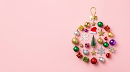 A festive Christmas bauble shape created from various small holiday ornaments, snowflakes, stars, and a Santa hat on a pink background.の素材