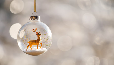 A clear Christmas ornament with a reindeer figurine inside, hanging against a blurred background of lights.の素材