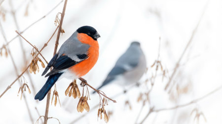 A male bullfinch with vibrant orange breast sits on a bare branch surrounded by snow and dried seed pods.の素材