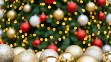 A festive and colorful close-up of a Christmas tree adorned with red and gold baubles and twinkling lights, with more ornaments in the foreground.の素材