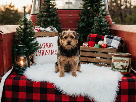A charming Border Terrier sits on a fluffy white rug in the back of a rustic red truck, surrounded by festive Christmas decorations including pine trees and plaid blankets.の素材