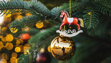 A festive close-up of a red rocking horse ornament hanging on a green Christmas tree, with a golden bauble below and blurred bokeh lights in the background.の素材