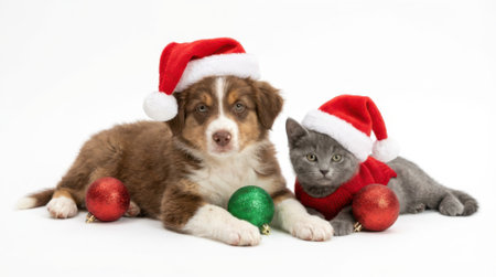 A charming Australian Shepherd puppy and a fluffy gray kitten are dressed in Santa hats and surrounded by festive Christmas ornaments, creating a heartwarming holiday scene.の素材