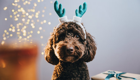 A charming brown poodle dog dressed in festive reindeer antlers, posing for a holiday photo with bokeh lights and a gift box.の素材