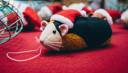 A close-up of a stuffed guinea pig wearing a Santa hat, set against a red background, perfect for holiday themes.の素材