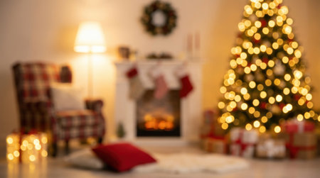 A warm and inviting Christmas living room with a decorated tree, a lit fireplace, and a comfortable armchair, creating a festive holiday atmosphere.の素材
