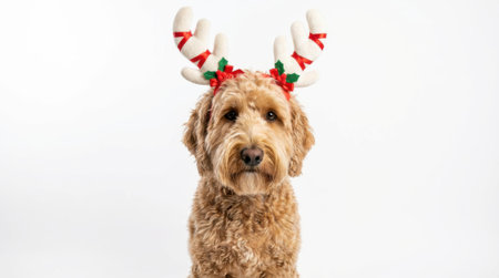 A fluffy, light brown Golden Doodle dog poses for a festive Christmas photo, wearing a headband with reindeer antlers adorned with red and green accents.の素材