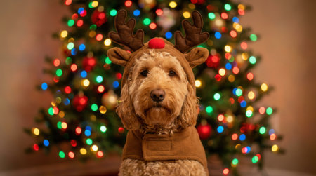 A fluffy dog wearing a reindeer costume with antlers sits in front of a brightly lit Christmas tree, embodying the holiday spirit.の素材