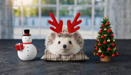 A charming scene featuring a hedgehog wearing reindeer antlers, a snowman, and a decorated Christmas tree, perfect for holiday greetings.の素材