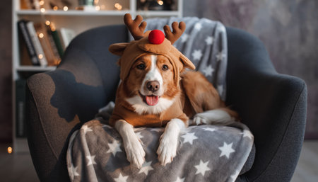 A happy dog wearing a reindeer costume sits on a comfortable chair, looking festive and adorable.の素材