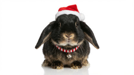 A charming black lop-eared rabbit dressed in a festive Santa hat and a candy cane-themed collar, posing against a clean white background.の素材