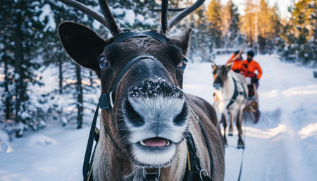 A reindeer face is in sharp focus, with snow on its nose, as it pulls a sleigh through a winter forest. Another reindeer and rider are visible in the background.の素材