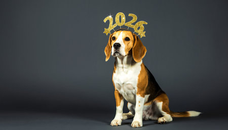 A charming Beagle dog sits patiently in a studio setting, adorned with a festive crown featuring the numbers 2020, symbolizing the New Year.の素材