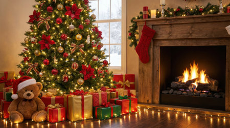A warm and inviting Christmas scene featuring a beautifully decorated tree, presents, and a roaring fireplace.の素材