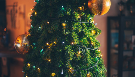 A close-up view of a decorated Christmas tree, illuminated by colorful string lights and adorned with golden ornaments, creating a cozy holiday atmosphere.の素材