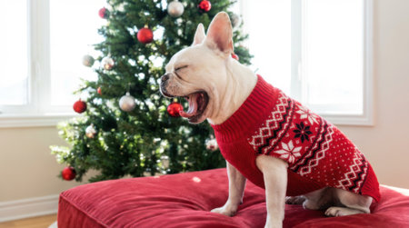 A French Bulldog wearing a red Christmas sweater yawns in front of a decorated Christmas tree, embodying holiday spirit and canine charm.の素材