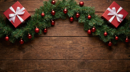 A rustic wooden surface adorned with a lush green Christmas garland, decorated with small red ornaments and two bright red gift boxes tied with white ribbons.の素材