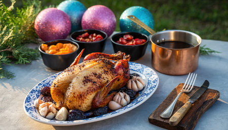 A beautifully roasted chicken centerpiece, surrounded by festive holiday ornaments and bowls of delicious side dishes, ready for a celebratory meal.の素材