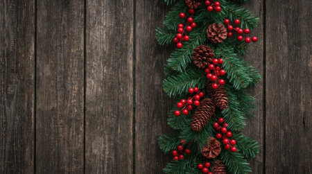 A festive Christmas garland made of evergreen branches, pine cones, and red berries is draped vertically on a rustic wooden surface.の素材