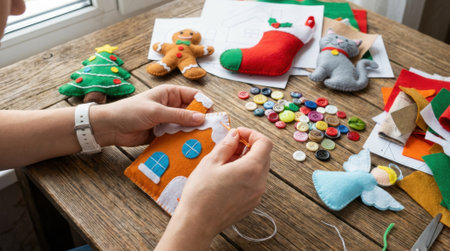 A close-up view of hands sewing felt Christmas decorations, surrounded by craft supplies like buttons and felt shapes.の素材