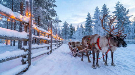 A magical winter scene with reindeer harnessed to a sleigh, ready for a journey through a snow-covered forest illuminated by festive lights.の素材