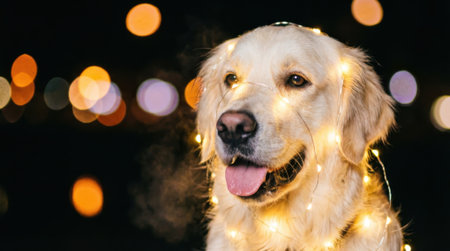 A close-up portrait of a happy Golden Retriever dog adorned with warm, glowing fairy lights against a dark, bokeh background.の素材