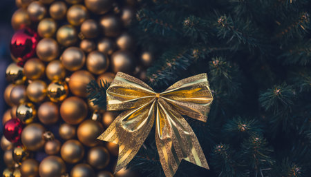 A festive arrangement of golden Christmas ornaments and a large golden bow against a dark, textured background, evoking holiday cheer.の素材