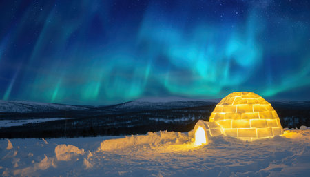 A glowing igloo sits in a vast snowy expanse, bathed in the ethereal light of the Northern Lights.の素材