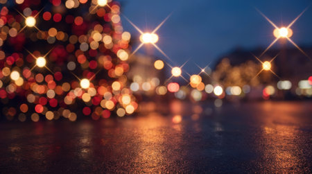 A festive Christmas tree adorned with glowing lights, its reflections shimmering on a wet surface under the night sky.の素材