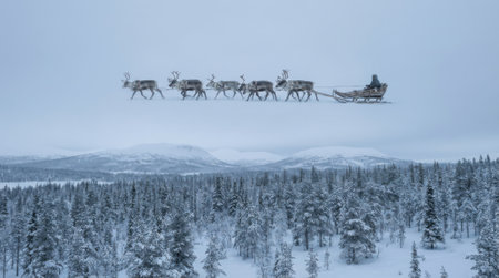 A magical winter scene with Santa Claus in his sleigh pulled by reindeer, soaring through a snowy sky above a dense forest.の素材