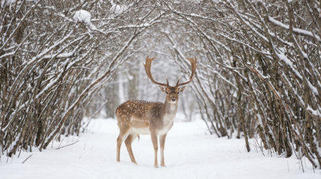 A magnificent stag with large antlers stands in a snow-covered forest, surrounded by bare trees forming a natural archway.の素材