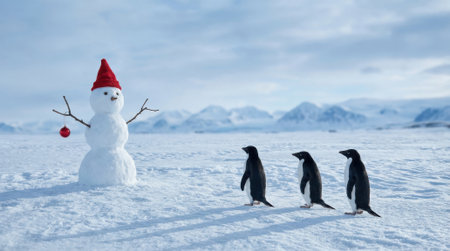 Three penguins walk across a snowy landscape towards a snowman with a red hat.の素材
