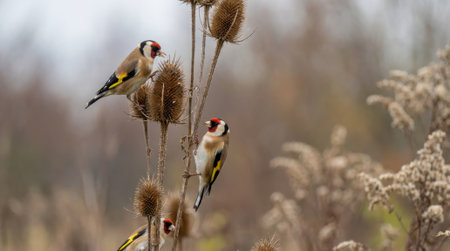 Close-up of two European Goldfinches feeding on dried thistle seed heads, showcasing their vibrant plumage against a soft, natural background.の素材