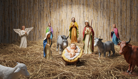 A traditional nativity scene display featuring figurines of baby Jesus Mary Joseph an angel a donkey cows and sheep in a stable setting.の素材