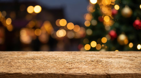 A rustic wooden table in the foreground with a blurred background of a decorated Christmas tree and warm bokeh lights, perfect for holiday product placement.の素材