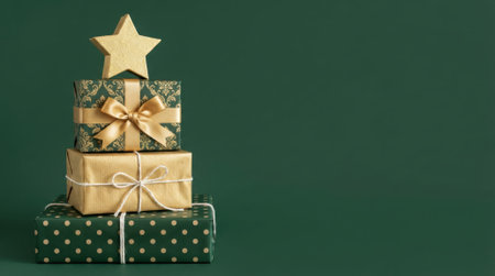 A minimalist arrangement of wrapped Christmas gifts stacked in a tree shape, topped with a golden star, against a dark green background.の素材